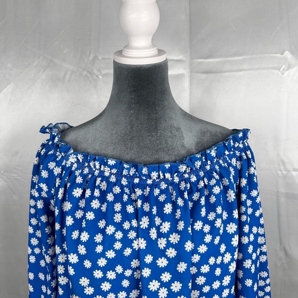 Blue Floral Off-Shoulder Top bishop sleeve size L - Picture 2 of 9